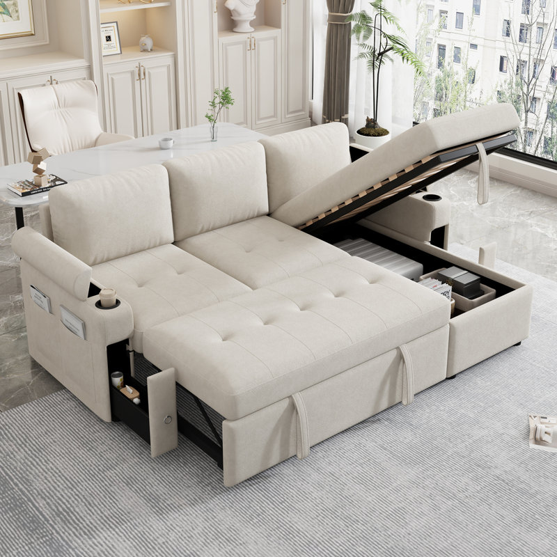 Convertible avec rangement dissimulé, porte-gobelets, ports, tiroirs de rangement modulaires en chenille beige,, Beige
