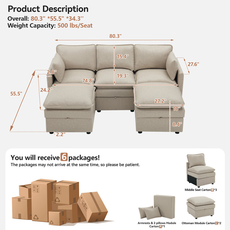 U-Shaped Modular Sectional Sofa with Storage, H 34,3 po x l 80,3 po x P 55,5 po, Pu-beige
