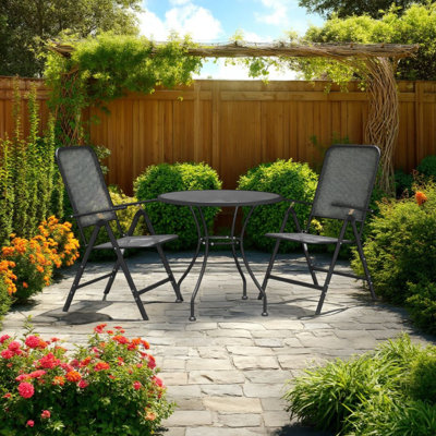 Ian 3 Piece Patio Breakfast Table, 2 Chairs Foldable Set, Black Metal