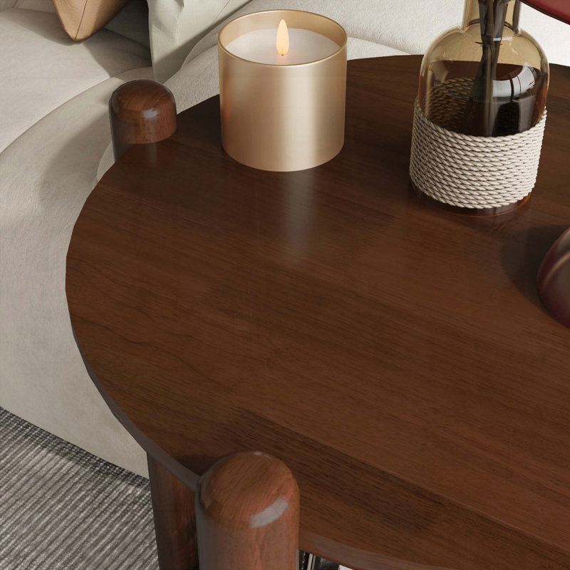 Table de bout ronde avec étagère de rangement en rotin tissé - bois rustique à 2 niveaux (brun rouge), Brun rouge