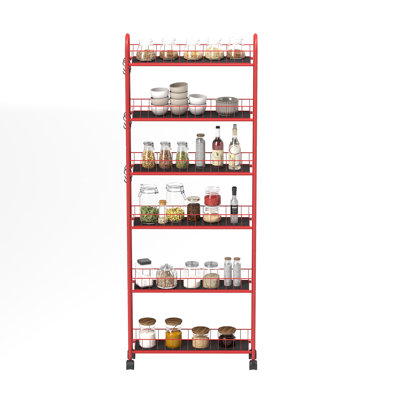 Étagère de rangement rouge coulissante à 6 niveaux avec roulettes, 6 paniers, cuisine, salle de bain