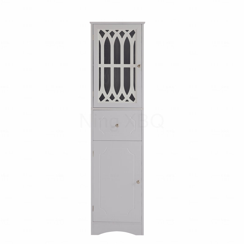 Grande armoire de salle de bain, armoire de rangement autoportante avec tiroir et portes, panneau de fibres à densité moyenne, porte en acrylique, tablettes réglables