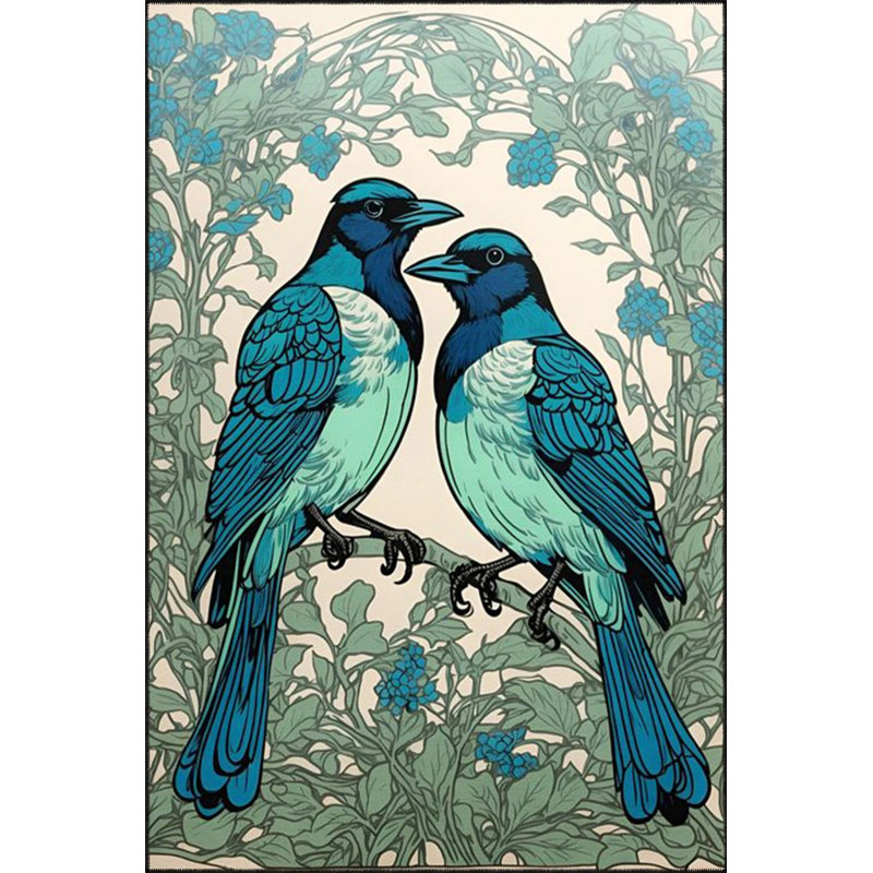 Tapis décoratif bleu à motif d'oiseaux doubles lavables, Rectangle 3 pi 4 po x 5 pi
