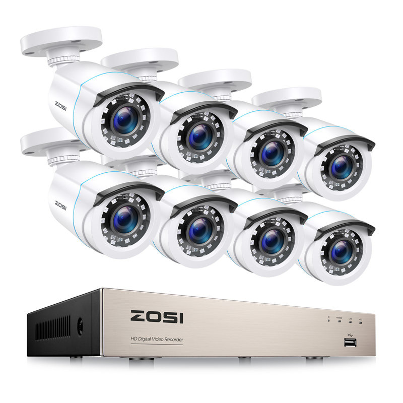 Système de caméra de sécurité 8CH 2MP 1080P DVR extérieur avec détection humaine, vision nocturne de 80 pieds, Blanc