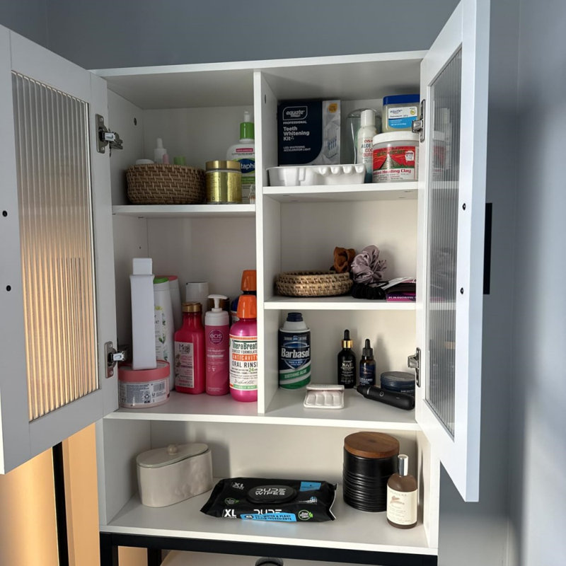 Over The Toilet Storage Cabinet, Freestanding Bathroom Organizer with Tempered Glass Doors, Thick Metal Frame & MDF Wood, Space Saver, White
