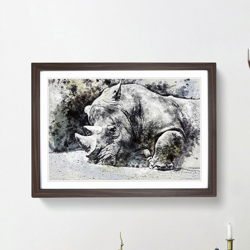 Resting Rhino in Abstract - Picture Frame Painting Print, Walnut Framed, 27cm H x 36cm W x 2cm D