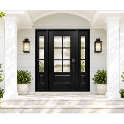 68 In. X 80 In. Inswing Left Black Fiberglass Entry Door With Hammered Glass And Dual Sidelights