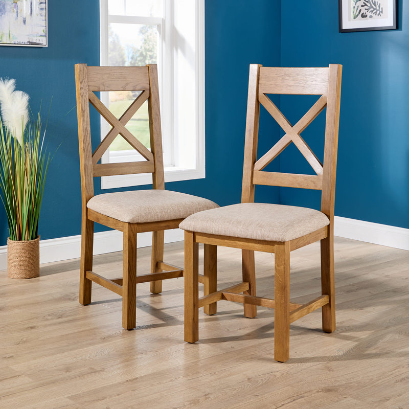 Pair of Assembled High Cross Backed Dining Chairs Checked Seat Solid Oak Legs, Beige