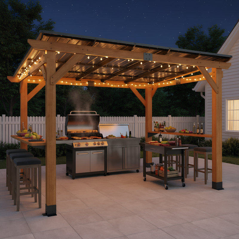 cedar Wood Grill Gazebo with Bar Counter, Patio Hardtop Grill Pergola for BBQ, Cedar Barbeque Shelter with Metal Roof