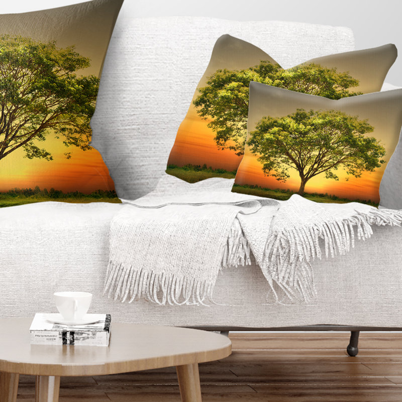 Green Tree against Setting Sun - Forest Printed Throw Pillow