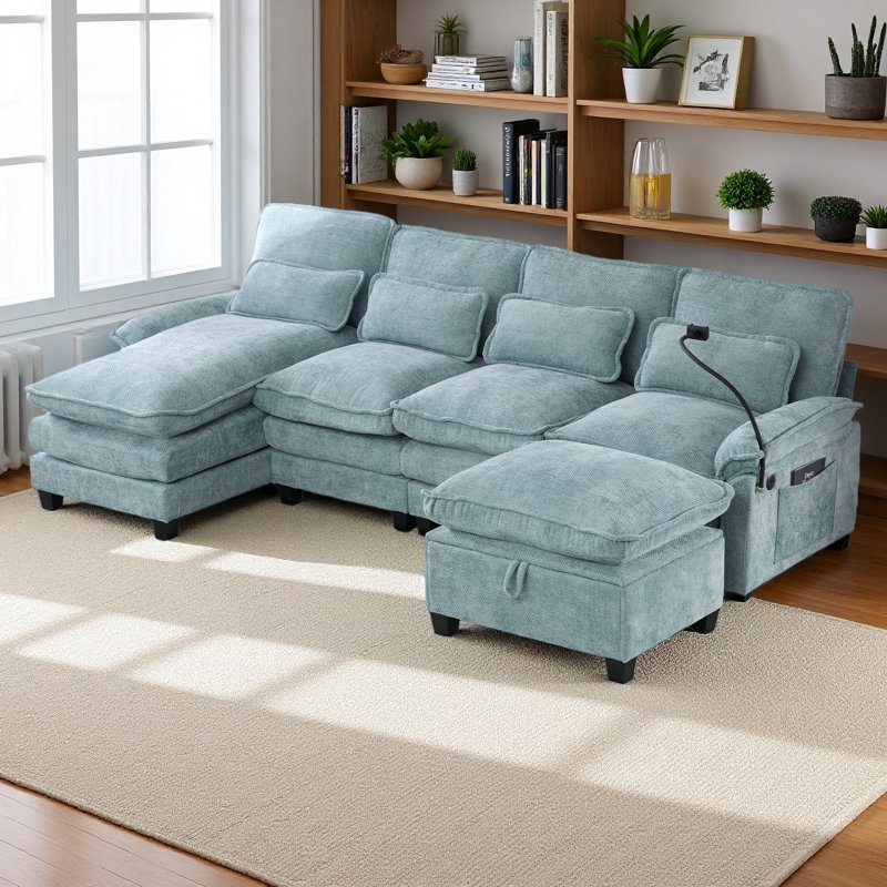 106" U Shape Sectional Sofa Cloud Couch For Living Room, Upholstery Comfy Modular Sofas, 4 Seat Chenille U-Shaped Sleeper Sofa With Chaise Lounge
