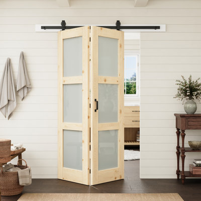 Porte intérieure à 3 panneaux en pin et verre trempé dépoli, 48 po x 80 po, avec quincaillerie pour portes pliantes de style grange. Convient au salon et au garde-manger.