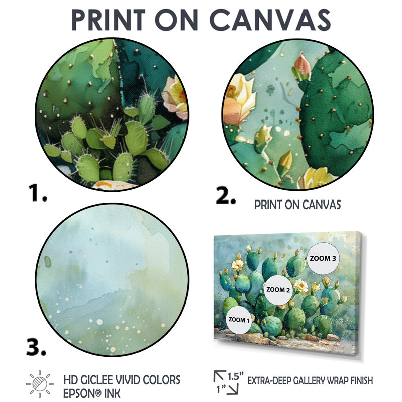 Vert, jaune, désert, jardin de cactus III - art mural floral cactus, Toile tendue, H 28 po x l 60 po x P 1,5 po