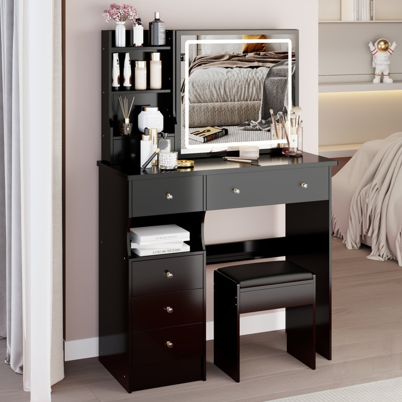 Table de coiffeuse avec tiroir à gauche, tabouret rembourré, prises CA / USB intégrées, support pour sèche-cheveux et miroir à DEL tactile