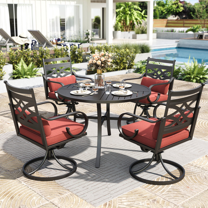 4-Person Round Outdoor Dining Set With Swivel Chairs, Cushions & Pillows, Red