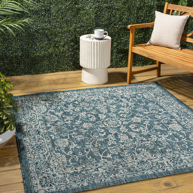 Tapis d'intérieur / extérieur à motif floral bleu sarcelle / gris Leonora, Carré 9 pi