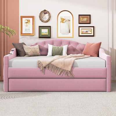 Tufted Upholstered Daybed With Trundle and USB&Type-C Charging Ports for Living Room -  Everly Quinn, 54E3F528AB644F54BE4CA01C454CB312