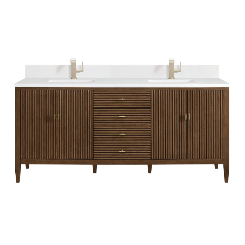 Myrrin 72'' W Double Vanity, Mid-Century Walnut, White Zeus, Single-Hole