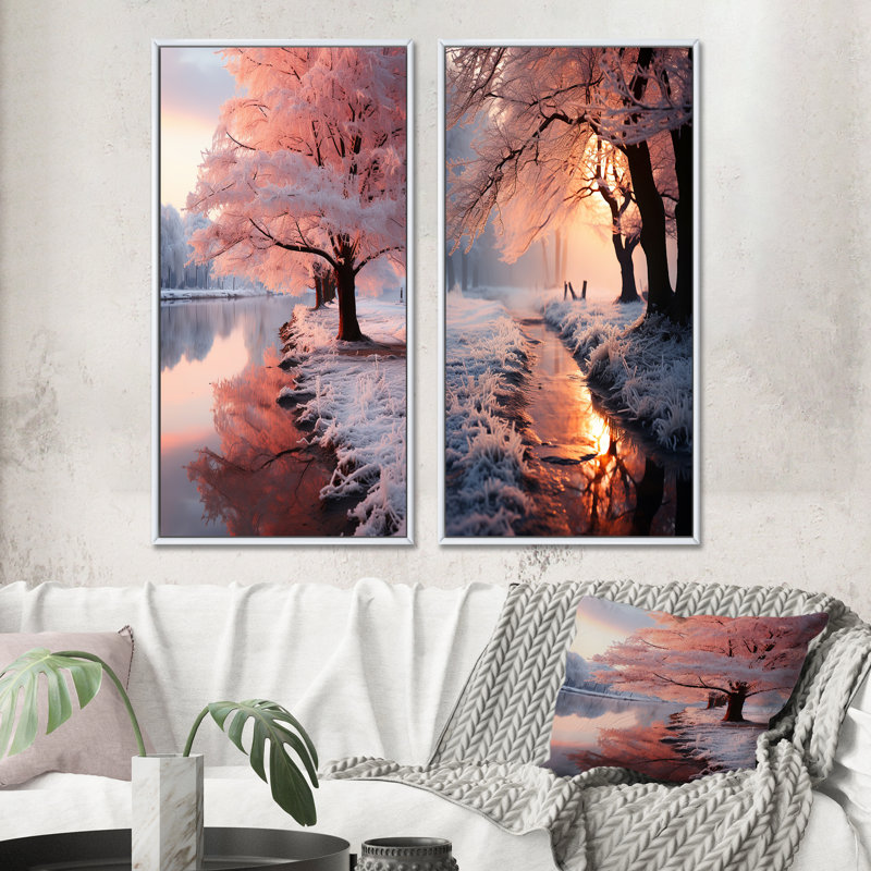 «Winter Peach Tree On Frosty Morning», 2 pièces sur toile, Cadre blanc, H 32 po x l 32 po