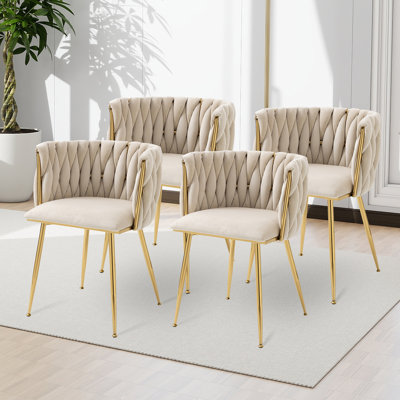 Ensemble de chaises de salle à manger en velours tissé jaune avec pieds en métal doré