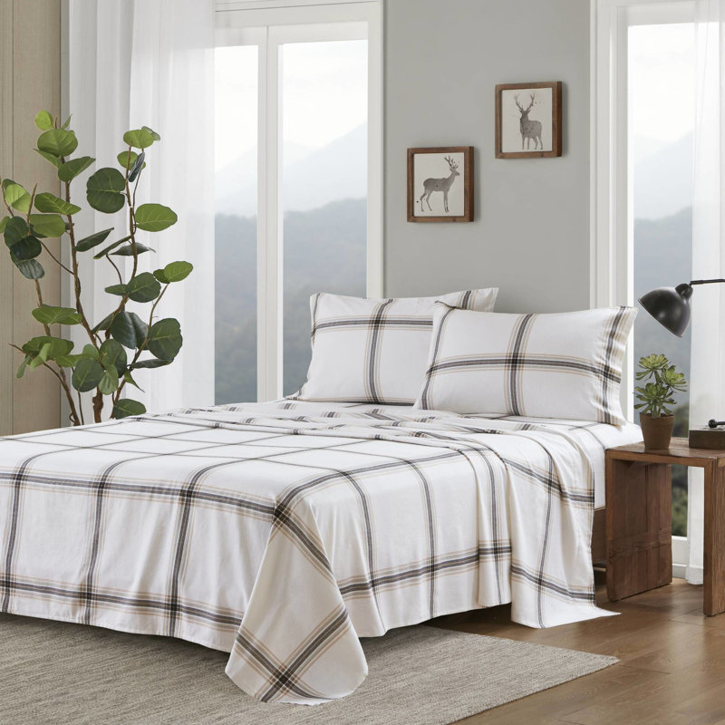 Ensemble de 3 draps simples 100% flanelle de coton brun clair à carreaux brossés des deux côtés pour une texture douce et lisse