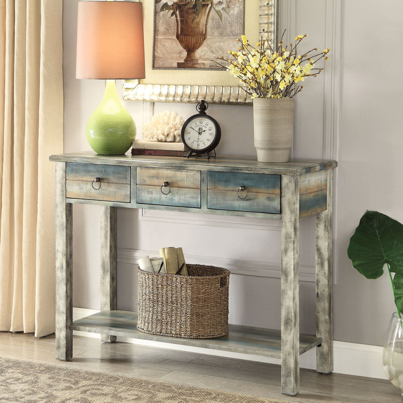 Console rectangulaire gris antique et bleu sarcelle avec tablette de tiroir supplémentaire pour des besoins de rangement pratiques