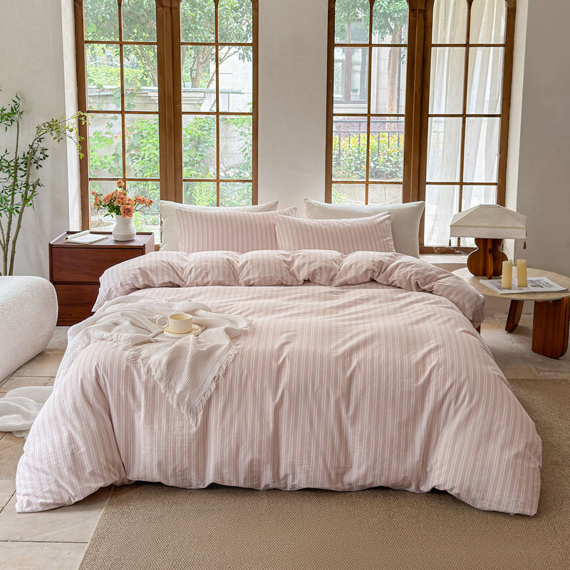 DONEUS Striped Duvet Cover Set 100% Washed Cotton Linen Like Soft Feelling Breathable Bedding, Grayish Pink/White