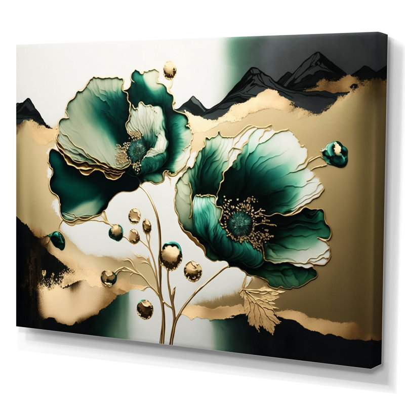 Or et vert coquelicot floral Euphoria I - coquelicots, art mural, H 12 po x l 20 po x P 1 po, Toile tendue