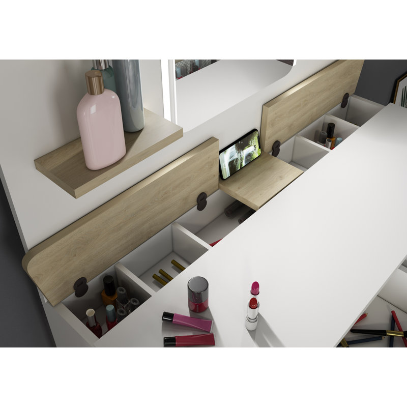 Marceline Kids Vanity Table with Mirror, Natural Oak/White