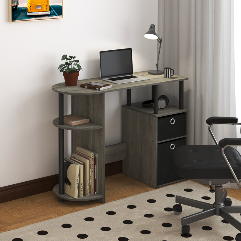 Bureau d'ordinateur avec plateau à clavier et tablettes ouvertes pour bureau à domicile compact, chêne français / noir