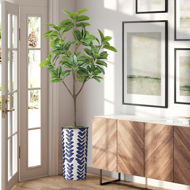 Artificial Tree in Modern Geometric Pattern Planter Fake Rubber Silk Tree (Plant Pot Plus Tree), Tick Blue