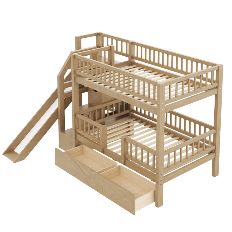 Twin over Twin Bunk Bed with Storage Staircase, Slide and 2 Drawers, Walnut, Walnut