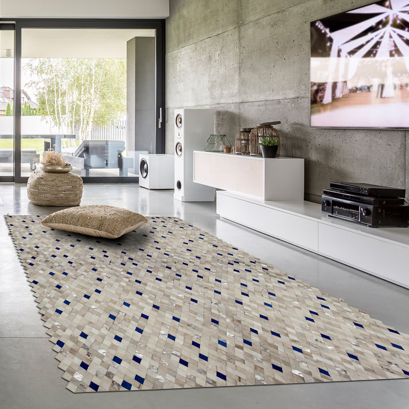 Tanzanite Cowhide Geometric Area Rug, Rectangle 6' x 9'