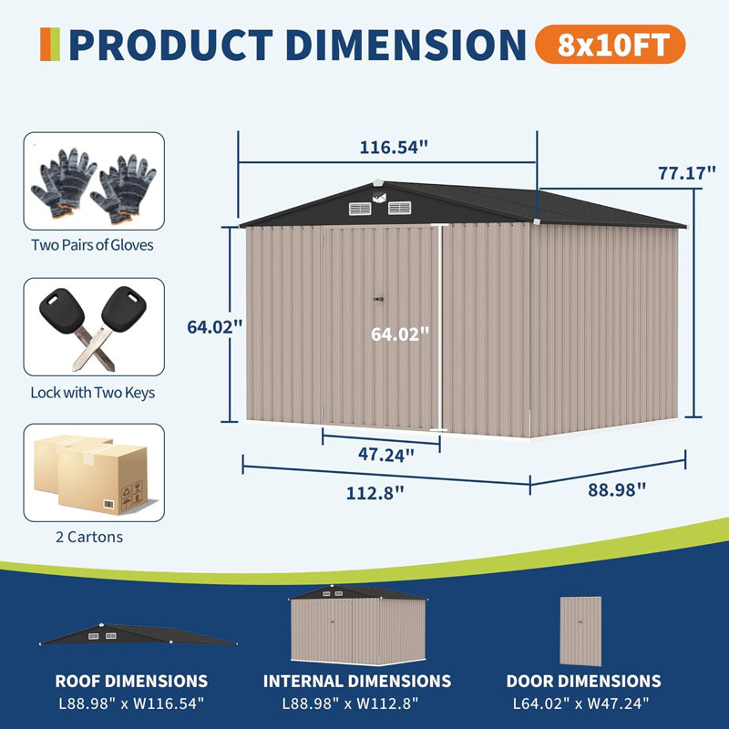 Remise de rangement extérieure en métal 8 x 10 pi avec lumière solaire pour le jardin et la cour