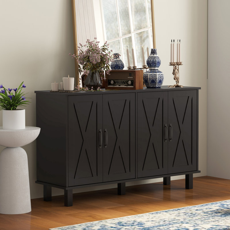 Coffee Bar Cabinet, Buffet Sideboard w/ Barn Doors, Adjustable Shelf