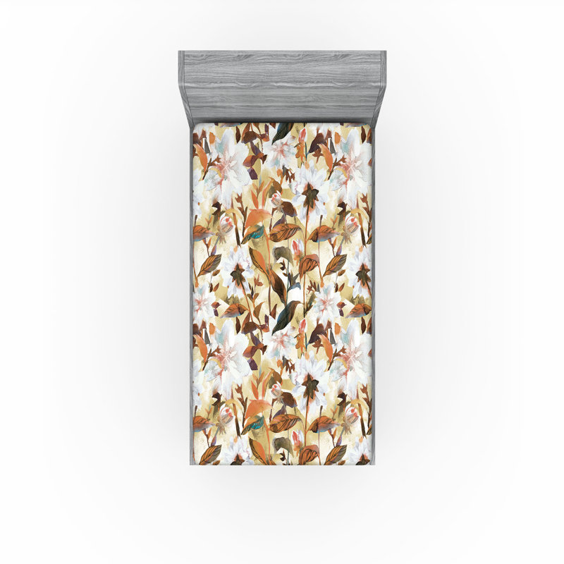 Drap-housse floral Ambesonne, Drap-housse pour lit simple TG, Cannelle, kaki pâle / floral