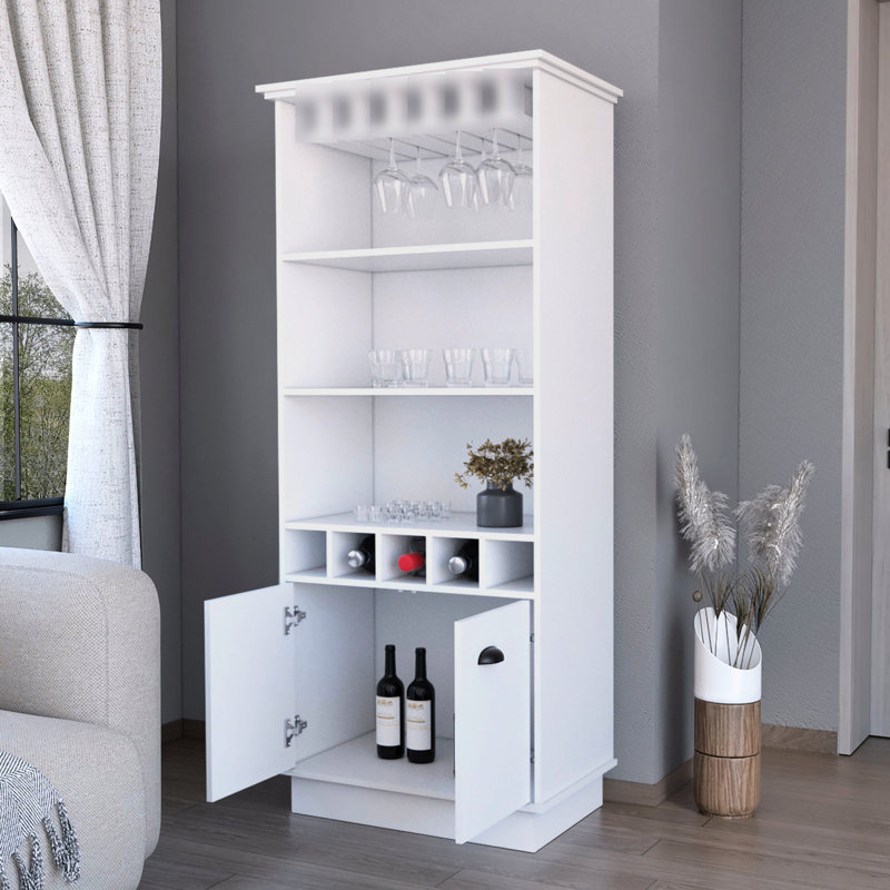 Modern White Bar Storage Cabinet With Stylish Look - 3 Shelves, 5 Bottle , Glassware Display Ample Space Rack Included, White