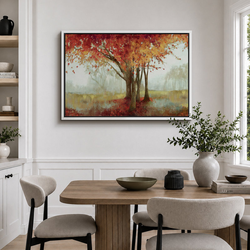 Automne, automne, "Érable orange dans la nature, paysage, grande impression sur toile encadrée", Cadre flottant blanc