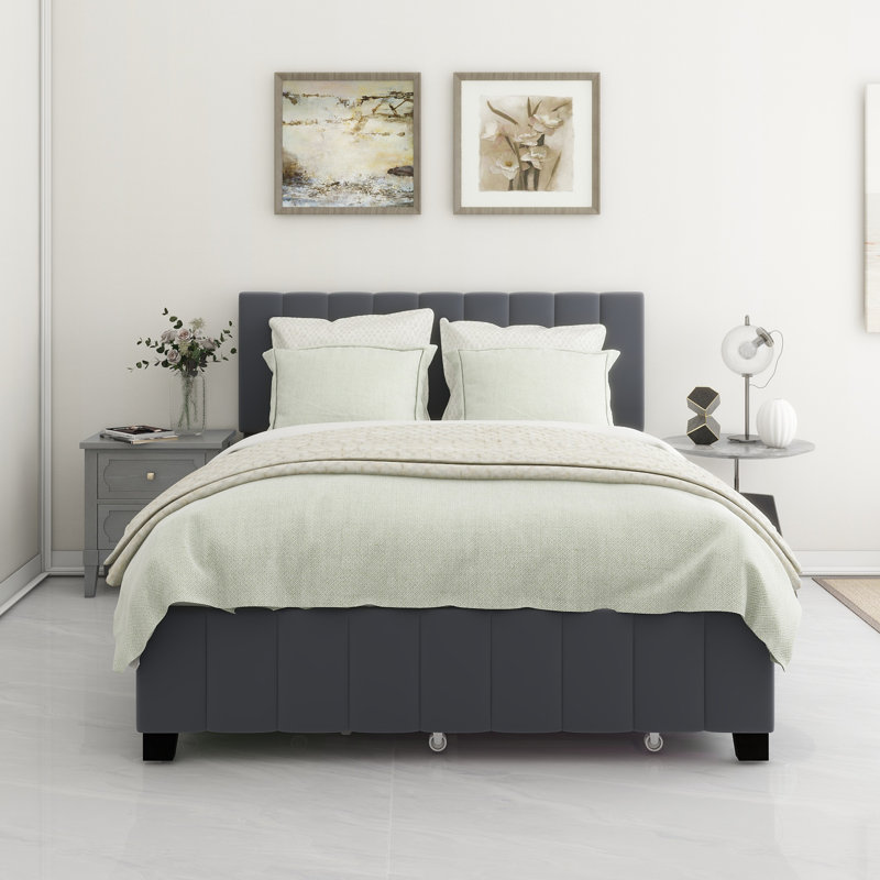 Grand lit standard capitonné avec rangement Lueker, gris