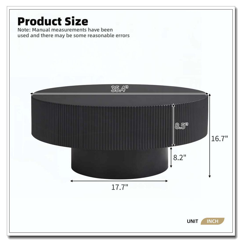 Table basse ronde avec plateau de table épais de 6,8 po et table de bout moderne, H 16,7 po x L 35,4 po x l 35,4 po, Noir