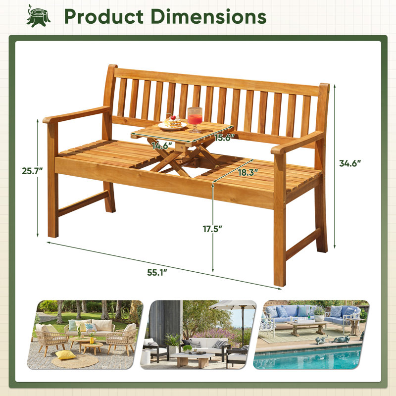 Banc d'extérieur en bois d'acacia Serg avec table pliable Serg