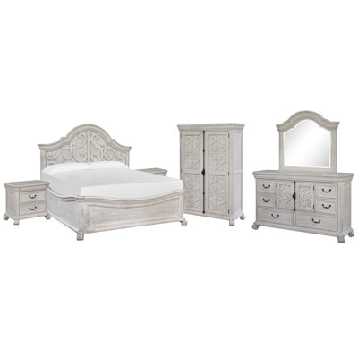 Queen Shaped Panel Bed 2 Nightstands Drawer Dresser With Shaped Mirror And Armoire