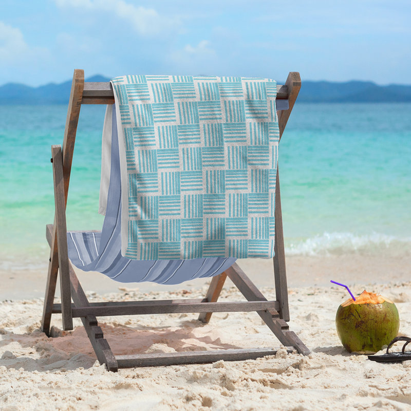 Serviette de plage à rayures tressées classique, Bleu sarcelle / crème