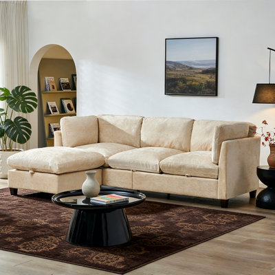 96.5" Light Coffee Chenille L-Shaped Sectional Sofa with Ottoman, Deep Seat, Easy Assembly