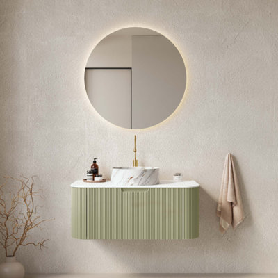 Meuble-lavabo de salle de bain avec lavabo, armoire de rangement de salle de bain flottante à bords arrondis avec tiroir en céramique et motif de pierre, pré-assemblé