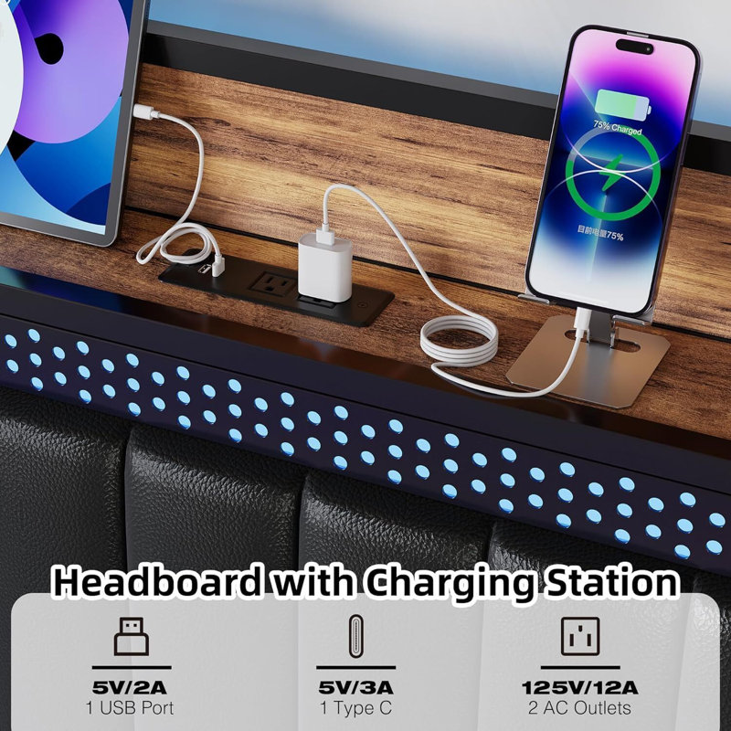 Bed Frame With LED Light And Charging Station, With Storage Headboard, Queen, Black