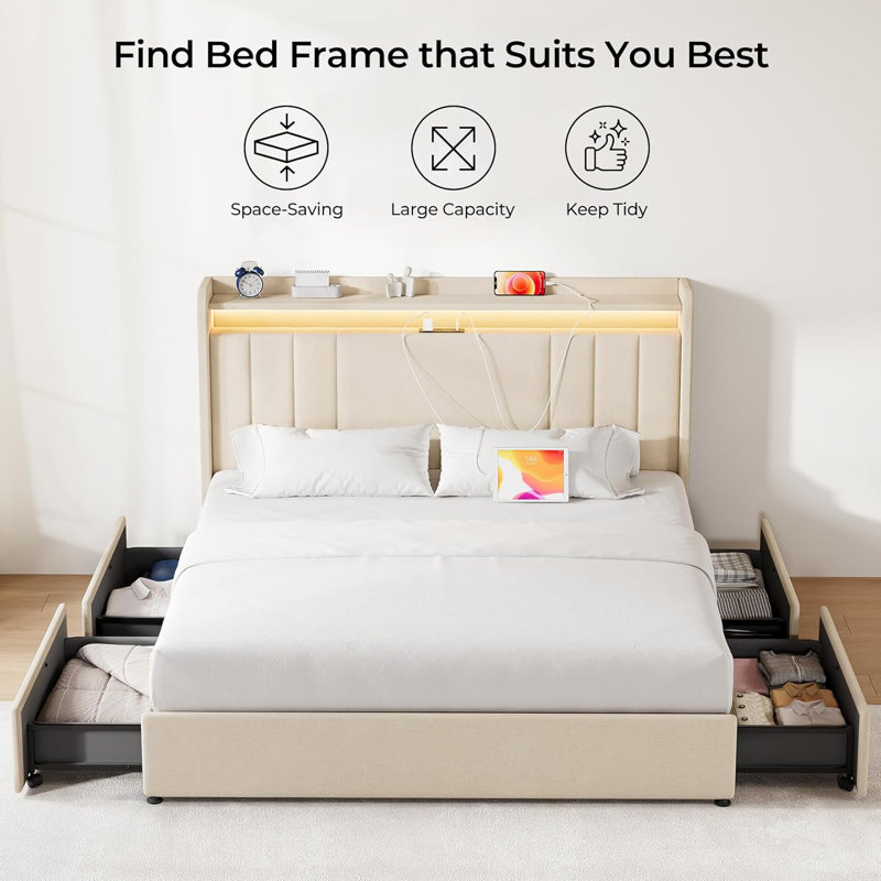 Full Beige Upholstered Bed Frame with LED Lights and Storage Drawers