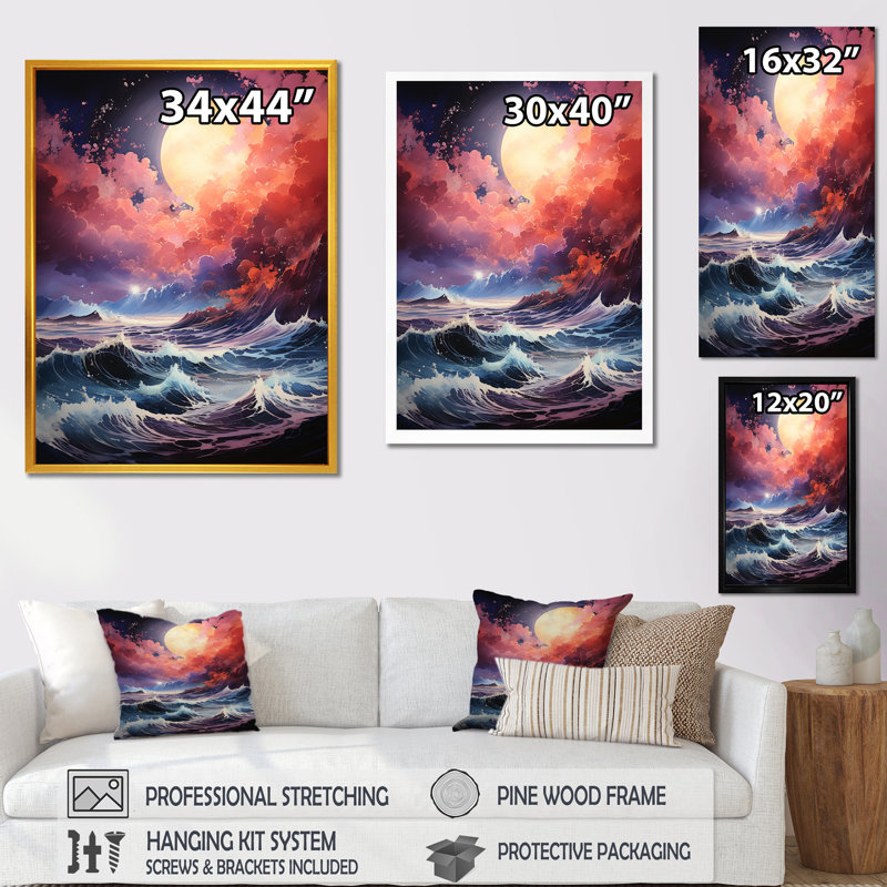 Océan coucher de soleil tempête 3 - tempêtes, art mural, Cadre flottant doré, H 32 po x l 24 po x P 1 po