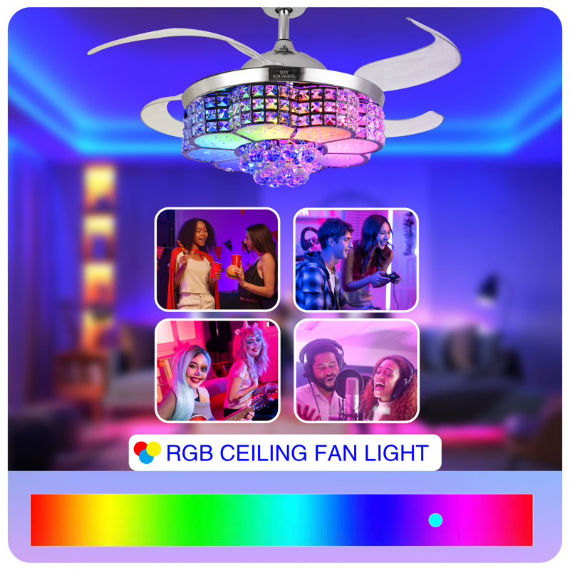 42-inch Retractable Crystal Ceiling Fan Features RGB Lighting, Built-in Speakers, Bluetooth Connectivity, and Remote/App control. Reversible Blades, 6-Speed Settings, and Adjustable three-Color Light Strips with Color temperature memory function