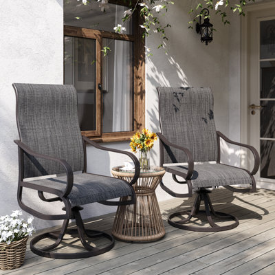 Chaises de patio pivotantes d'extérieur 2 pièces, structure en métal rotative à 360 ° avec tissu Teslin, chaises de patio avec accoudoirs pour les repas en plein air, terrasse, cour